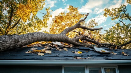 .A fallen tree on a house roof symbolizes the aftermath of a natural disaster, highlighting the need for disaster recovery and emergency response.