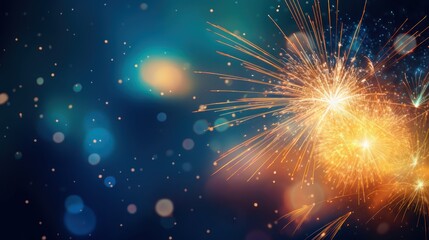 A vibrant fireworks display against a dark blue and green background, with a cluster of fireworks in the foreground and a burst of light in the background.