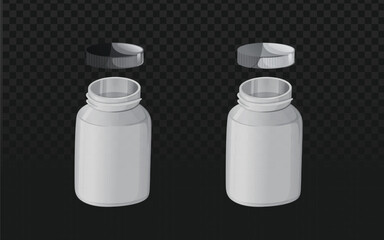 Realistic vector graphic of white plastic jars with gray and black caps. Isolated packaging objects perfect for pharmaceuticals, supplements, pills, vitamins, or mockup design projects