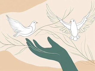 Fototapeta premium Gentle hand releases two white doves into the sky.
