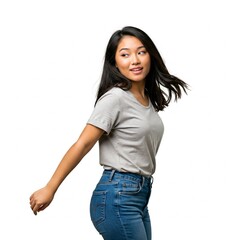Obraz premium Happy Asian Woman Posing with Flowing Hair on White Background