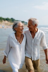 Elderly caucasian couple enjoying a beach stroll on a sunny day