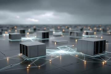Networked Data Center Landscape Under Gloomy Sky, Emphasizing Connectivity and Cloud Computing