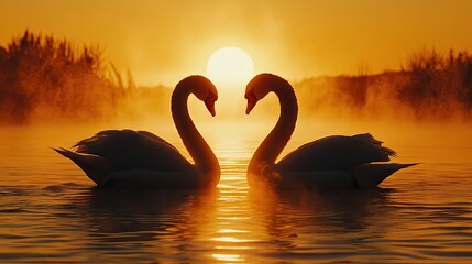 Fototapeta premium Swan Heart Shape at Sunset