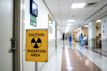 A hospital corridor with a yellow warning sign indicating a radiation area, alerting staff and visitors to potential hazards.