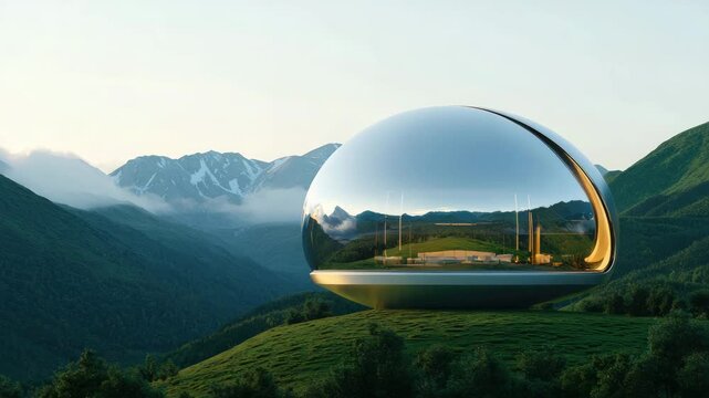 Futuristic Structure Reflecting Nature in Serene Mountain Landscape