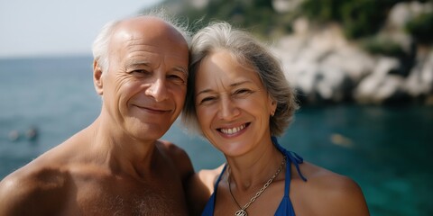 Elderly caucasian couple smiling by the sea on a sunny day