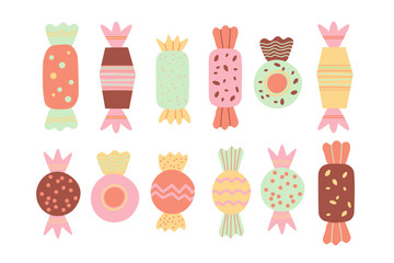 Candy on isolated background. Hand drawn coloured doodle with different candies, sweet and chocolate treats, dessert. Design for October 18 is World Candy Day. Food vector illustration for flyer, card