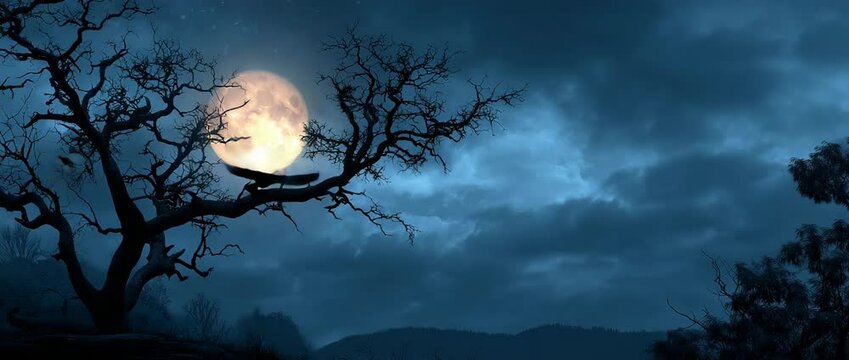 Halloween backdrop with a spooky dead tree silhouette at night under a full moon