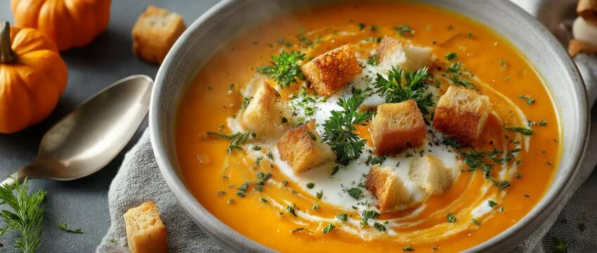 Delectable pumpkin cream soup on a white table, flat laid out with croutons, parsley, and other elements