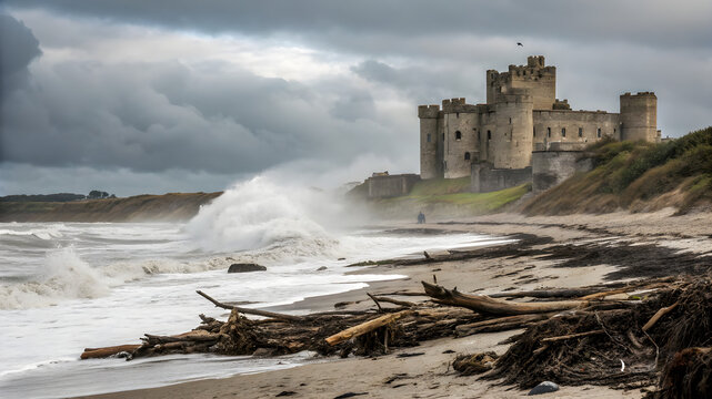 Dramatic photograph captures the medieval Caerphilly Castle on stormy Welsh coastline. Waves crash against the shore, wooden debris lies scattered on wet sand. Overcast skies enhance moody atmosphere