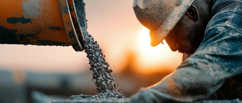 At a building site in the sun, a construction worker is wearing protective gear, working hard and pouring liquid concrete from a bucket.