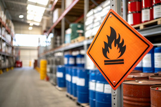 Flammable materials warning sign in an industrial warehouse with barrels and containers on shelves.
