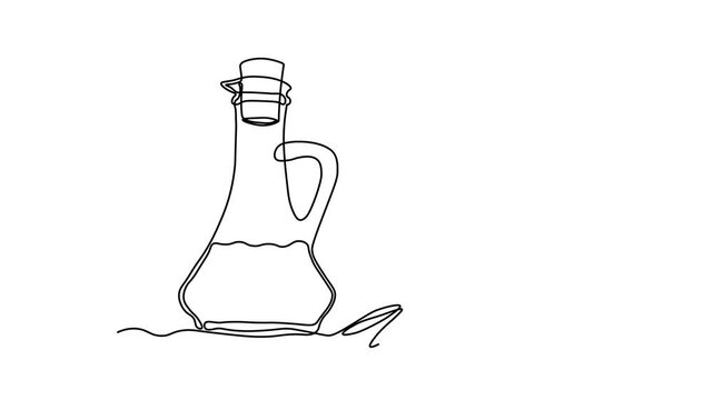 Abstract bottle with olive and branch with olives. Self drawing animation one continuous line draw, logo