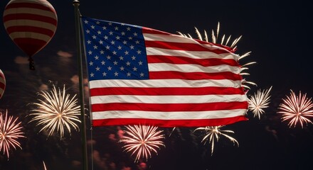 Photo: American Flag Waving with Fireworks in Night Sky