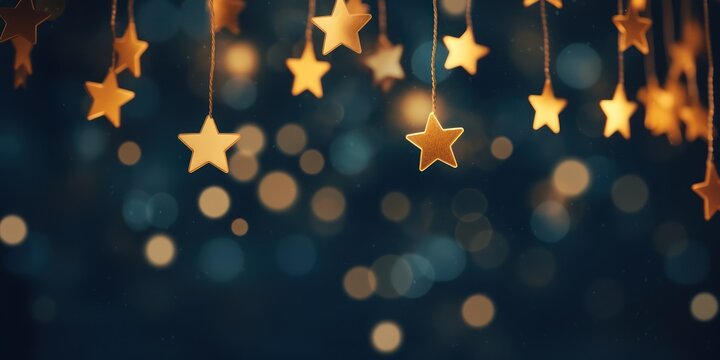 Golden stars hanging from a string against a dark blue background with bokeh lights.