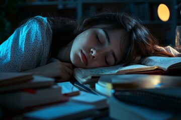 A student is deeply sleeping at a study table, resting on open textbooks and surrounded by notes. The late-night ambiance is illuminated by soft light, creating a serene atmosphere for study