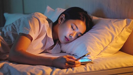 Young asian woman sleeping peacefully in bed at night, holding her smartphone close, bathed in the warm light of the device, embodying the struggles of modern technology and rest
