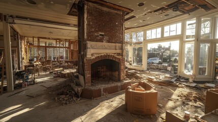 Room Under Renovation with Brick Fireplace
