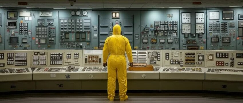 At a nuclear power plant's control panel, a scientist wearing a yellow hazmat suit keeps an eye on vital systems and makes sure safety procedures are properly followed.