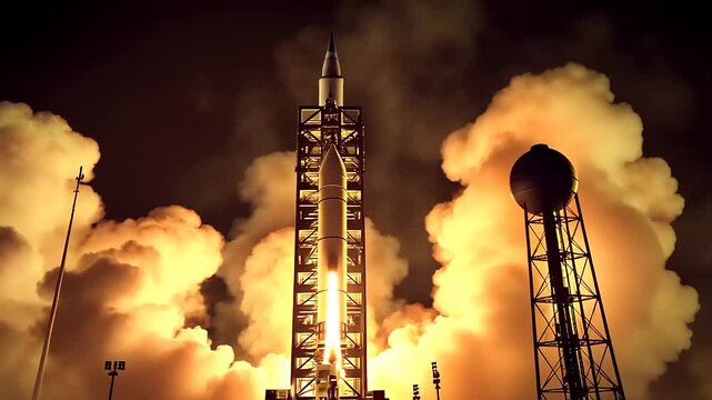 A rocket launches from a platform, engulfed in a cloud of smoke