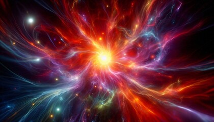 Obraz premium Cosmic Burst: A mesmerizing illustration of cosmic explosion in vibrant hues, showcasing the birth of stars, galaxies, and the ethereal beauty of the cosmos.