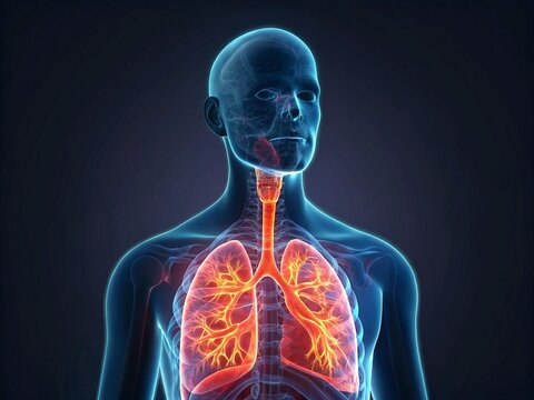 Lungs anatomy in x-ray view on dark blue background