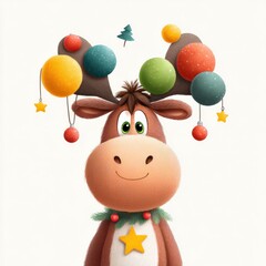 Majestic moose cartoon with Christmas ornaments and golden star on chest, stylized antlers decorated in red and green, clean white background. Vector Design, Isolated..