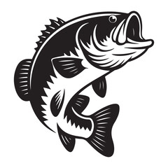Striking illustration of a large mouth bass leaping up, Vector black silhouette. with white background