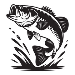 Striking illustration of a large mouth bass leaping up, Vector black silhouette. with white background