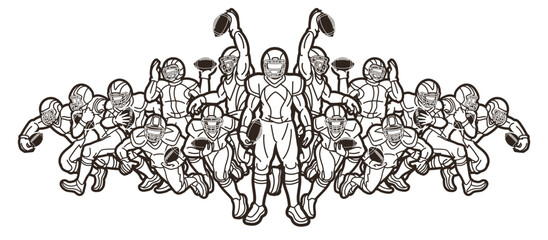 Group of American Football Team Cartoon Sport Mix Action Outline Graphic Vector