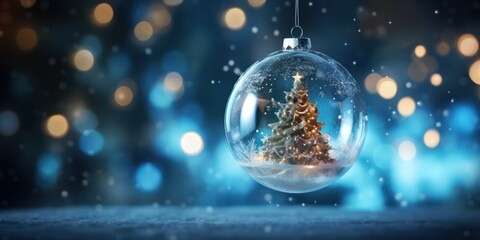 A Christmas tree inside a glass ball against a blue and white bokeh background.