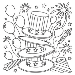 Stacked Patriotic Hats with Balloons and Fireworks Coloring Page for Independence Day