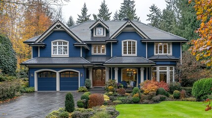 A luxury home exterior with elegant blue horizontal vinyl siding and a double gable roof.