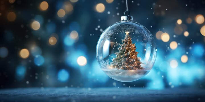 A Christmas tree inside a glass ball against a blue and white bokeh background. - Powered by Adobe