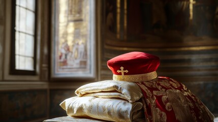 Cardinal’s Red Hat and Cross Necklace in Ornate Church Interior