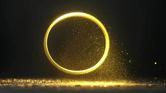A golden ring levitates above a sparkling surface