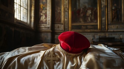 Cardinal’s Red Hat and Cross Necklace in Ornate Church Interior