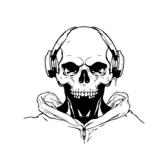 Stylized monochrome skull with headphones and hoodie in a modern illustration