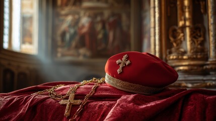 Cardinal’s Red Hat and Cross Necklace in Ornate Church Interior