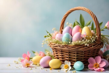 Naklejka premium A charming Easter basket overflowing with colorful eggs, pastel treats, and spring flowers , holiday gift, vibrant