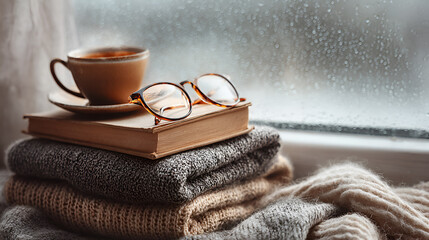A stack of books, glasses, and a cup of tea on a cozy blanket by a window with rainy weather outside