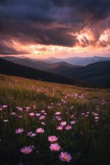 Sunset over mountain range, wildflowers in foreground (1)