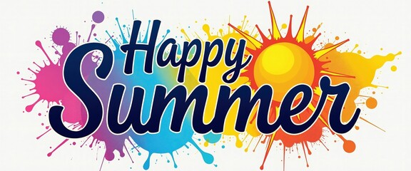 Vector illustration of Happy Summer text banner with colorful splash isolated on white background.