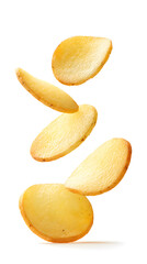Natural potato chips isolated on white backdrop. Flying delicious potato chips