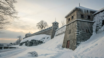 Snowy, historical stone fortress with a watchtower at sunset, surrounded by snow-covered trees and a path