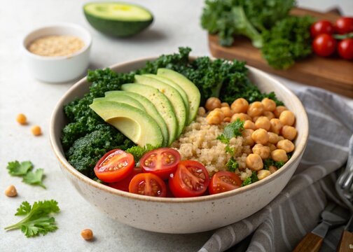 A protein-packed vegan salad bowl with colorful fresh vegetables. Great for health food menus and organic product ads.