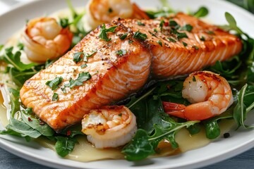 Grilled salmon and shrimp are garnished with parsley on a bed of arugula. Use this image for menus, blogs, and advertising healthy seafood choices.