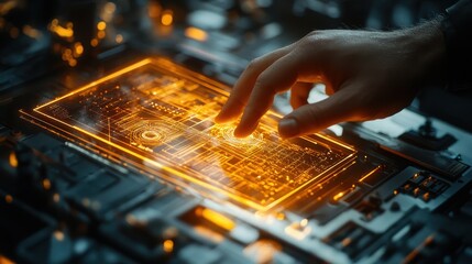 Human hand interacting with futuristic digital interface on circuit board
