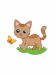 Obraz premium vector illustration of a playful kitten chasing a butterfly in a minimal meadow 